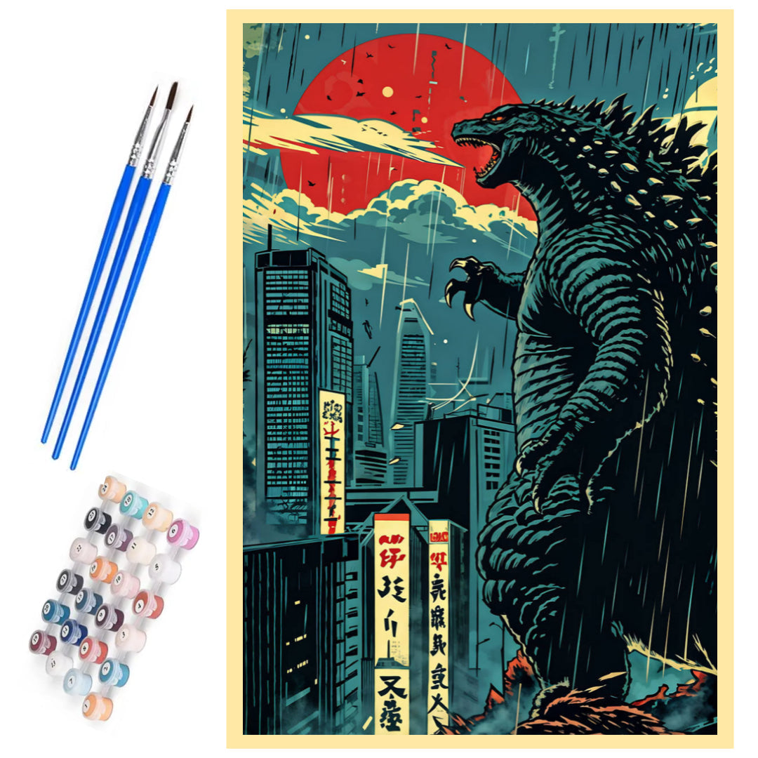 godzilla-in-the-rain-paint-by-number-kit